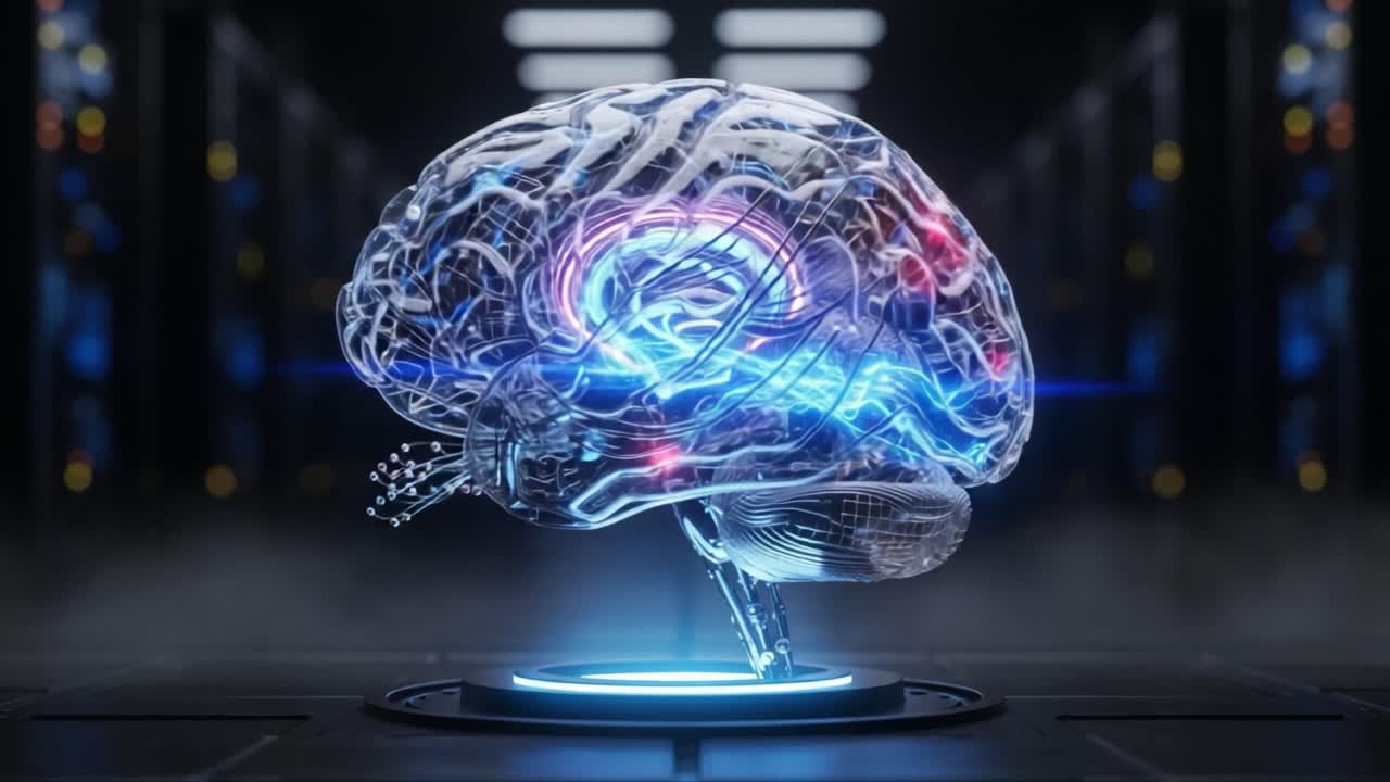 A Stunning Visualization of a Futuristic Brain Model Displaying Advanced Neural Connections and Intelligent Design Within a High-Tech Environment