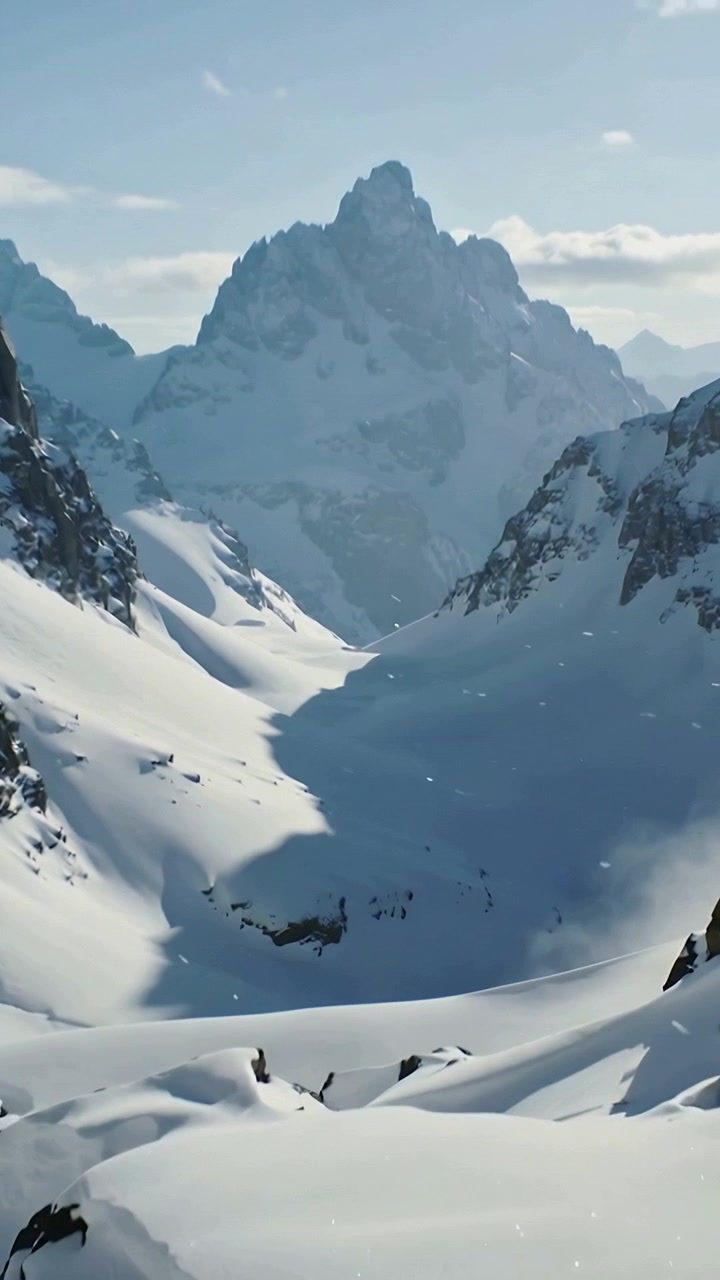 Video verticale: Telecamera che avanza rivela una conca innevata e una cima frastagliata che incorniciano una valle con neve leggera.