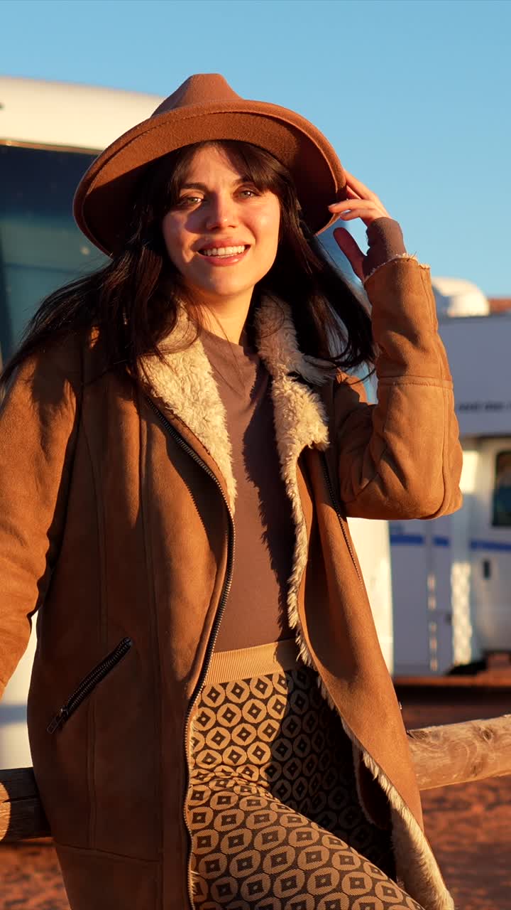 Giovane donna felice con cappello e giacca che sorride all'aperto al tramonto