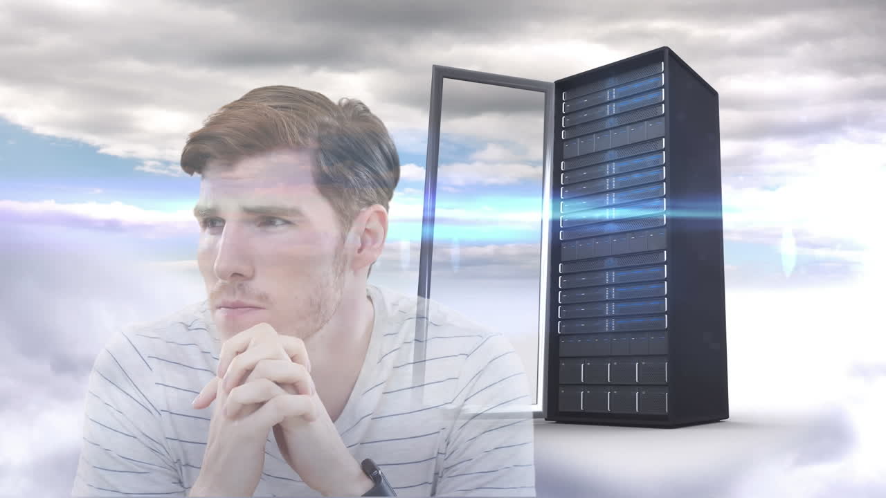 Animation of data processing over businessman and computer server