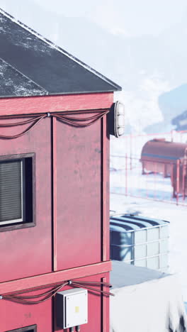 a close up of a red building with a snow covered roof and windows