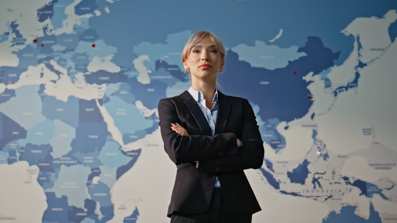 Businesswoman posing world map background portrait. Global market specialist