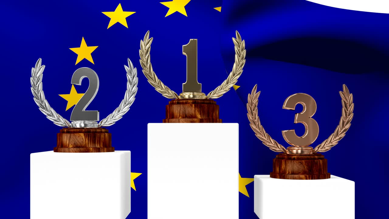 trofeos frente a la bandera europea ondeando