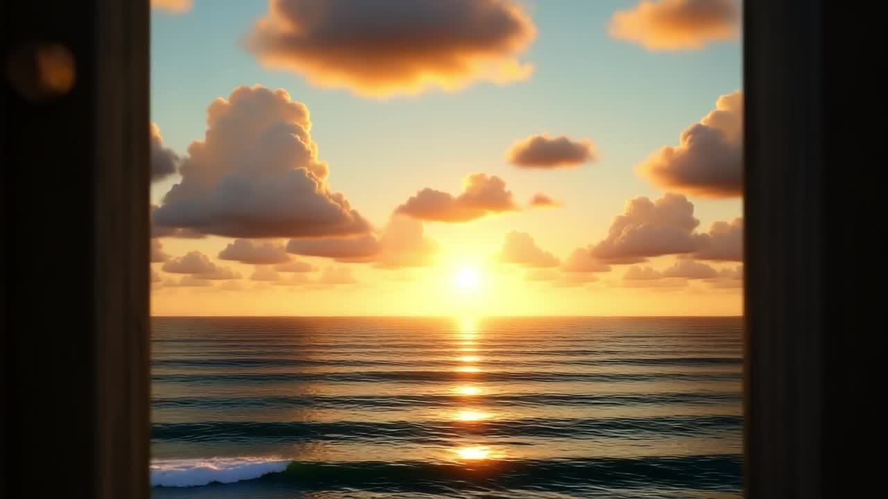 Ocean sunrise through a door. Golden sunlight rises over the calm ocean, framed by an open rustic door that invites serenity and peace.