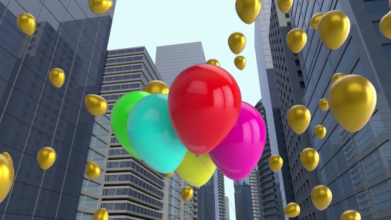 animación digital de varios globos coloridos flotando sobre un modelo de edificios altos en 3d