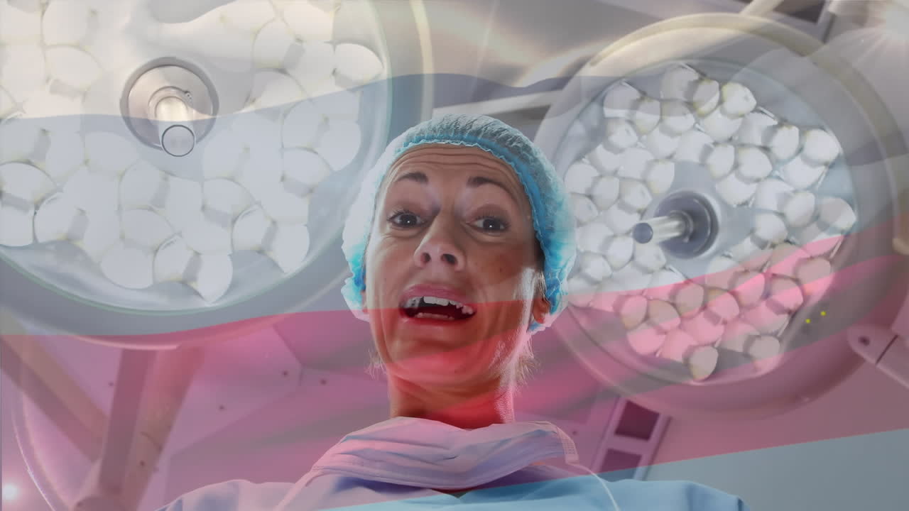 animazione della bandiera russa che sventola sopra una chirurgo in sala operatoria