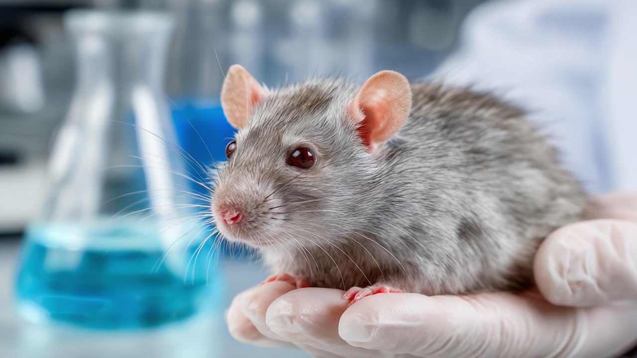 A Close-Up View of a Gray Laboratory Mouse Being Held in a Gloved Hand, Set Against a Background of Scientific Equipment and Blue Solutions