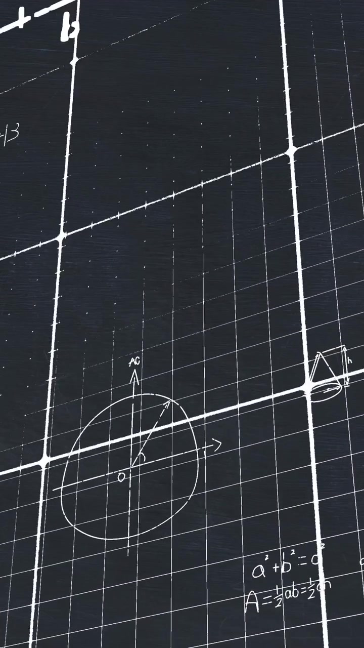 Animation of mathematical equations floating over grid network against black background