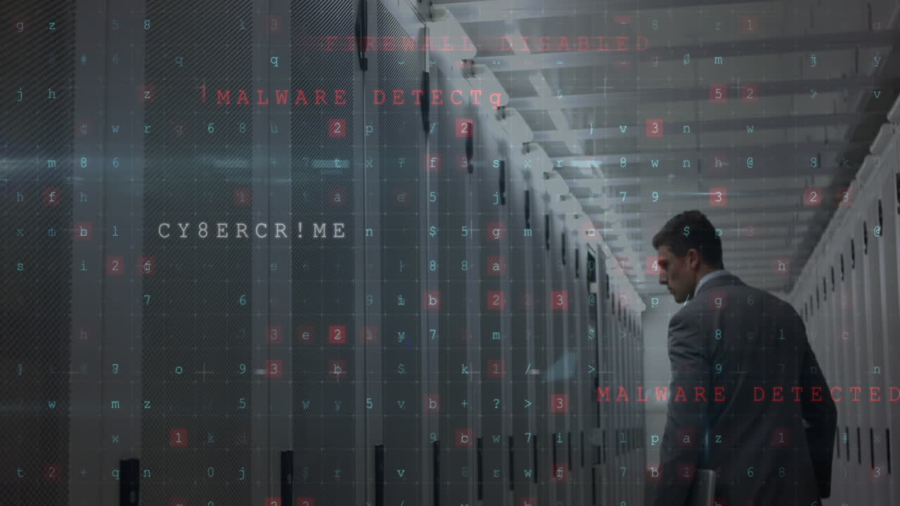 Animation of cyberattack over caucasian man in server room