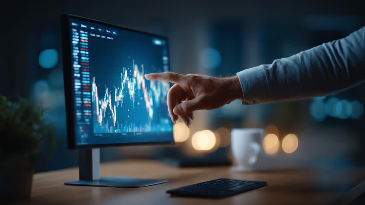 Analyzing Financial Data on a Computer Screen: A Close-Up of a Hand Interacting with Complex Graphs and Charts in a Dark Office Environment