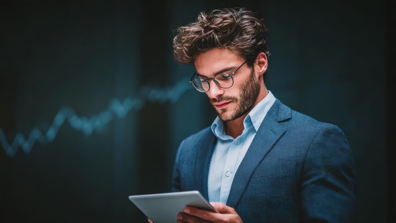 En fokuseret professionel analyserer datatendenser på en tablet, hvilket viser en moderne arbejdsplads og integrationen af teknologi i forretningsmiljøer.