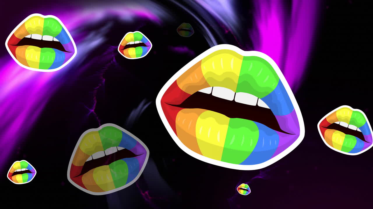Animazione di colori arcobaleno su bocche su motivo astratto in movimento su sfondo nero