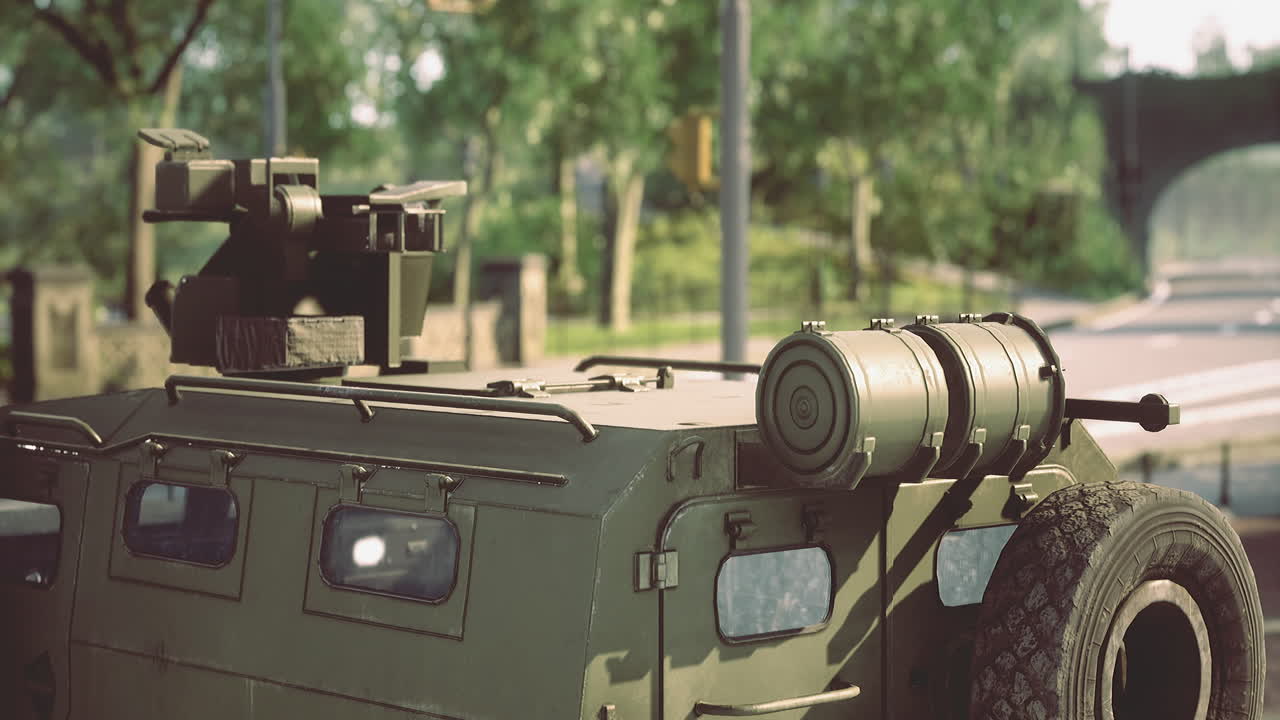 Military vehicle on urban street during a bright sunny day