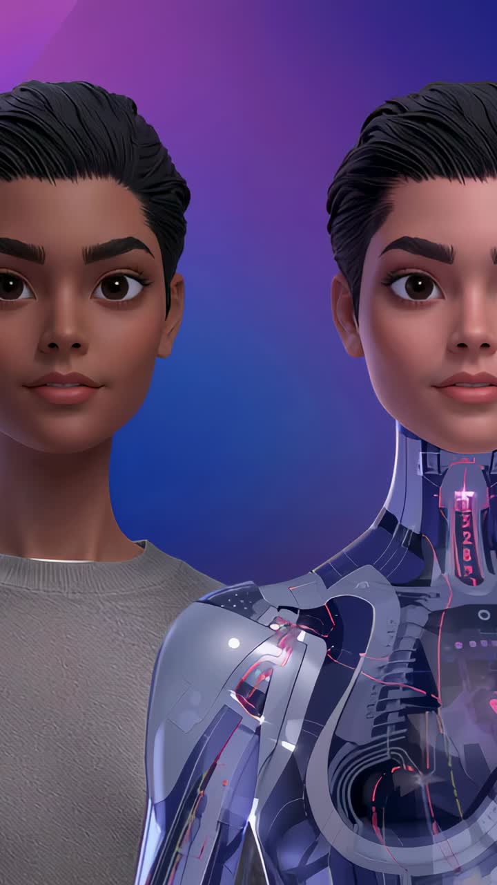 Pystyvideo: Studiossa katselevat ja silmää iskevät avatarit vertaamassa itseään robotin vartaloon ja villapaitaan