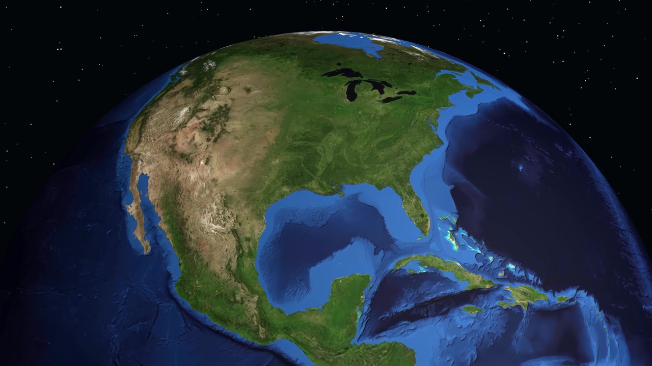 Digital globe rotates and zooms into North America, highlighting Baton Rouge with specific population data