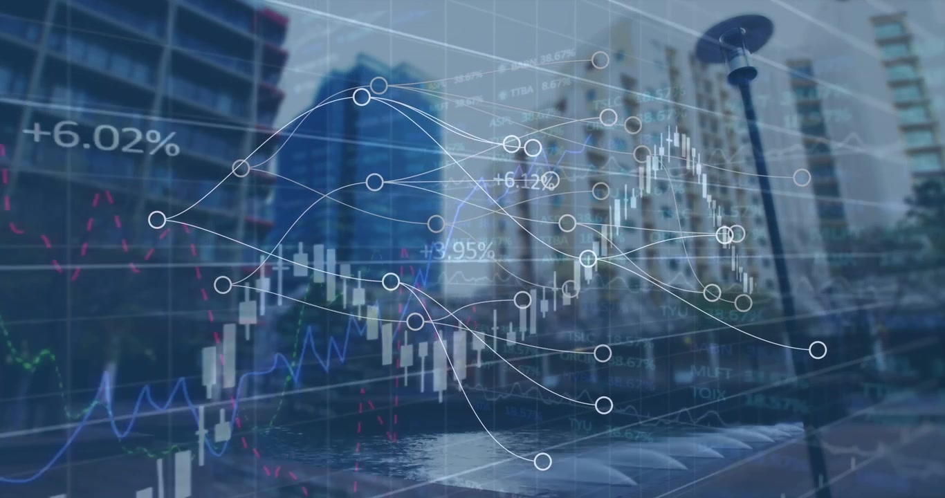 Animazione di elaborazione dati finanziari e rete di connessioni su paesaggio urbano