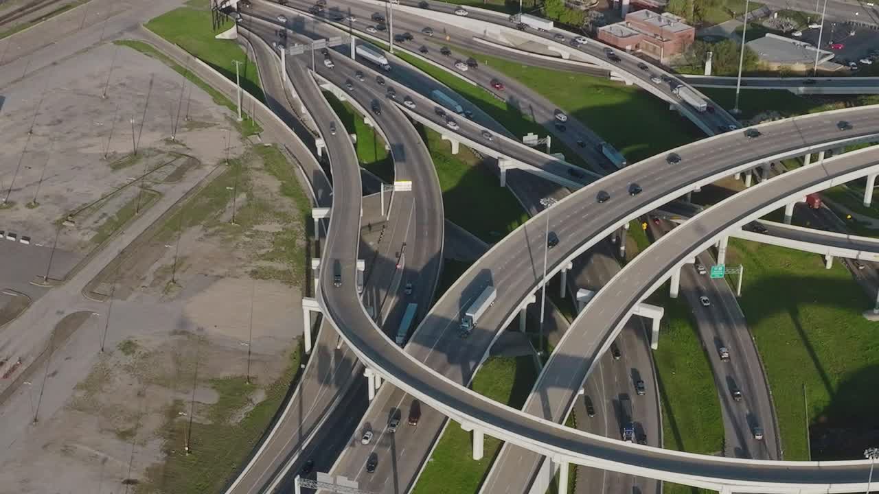 Traffic flows through highways in downtown Dallas, Texas on a busy day