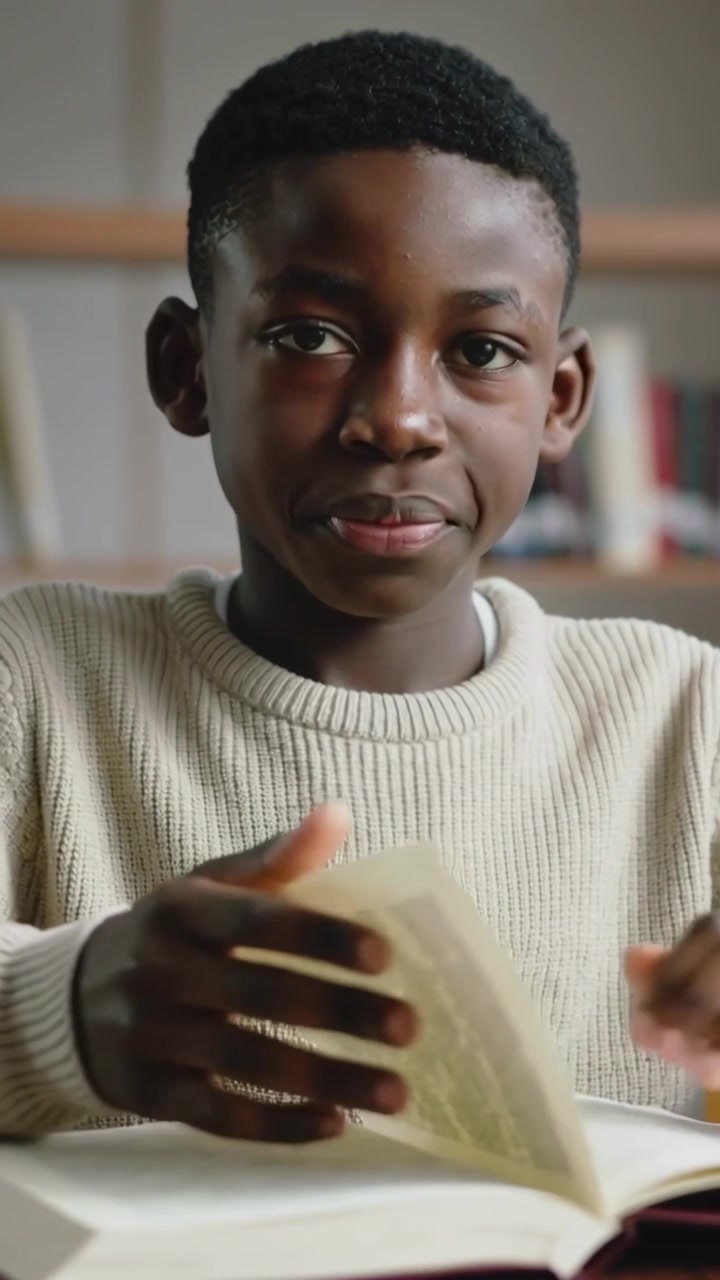 Vertical video: Glancing at camera, teen in beige knit turning pages, studying at study table, book