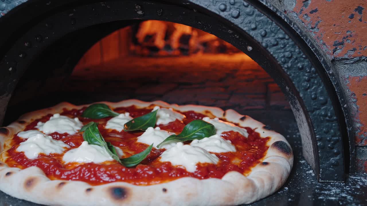 Video ravvicinato di una pizza rustica in un forno a legna, che mette in risalto il formaggio fuso e il basilico