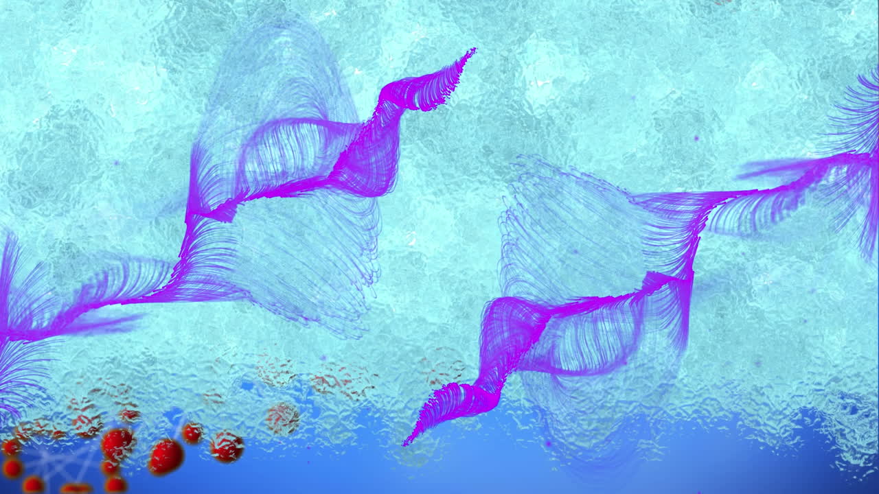 анимация цепи днк, вращающейся на синем фоне с молекулами и розовыми волнами