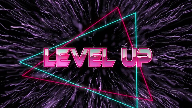 Animazione del testo "level up" in lettere rosa metallizzato con triangoli su fuochi d'artificio viola