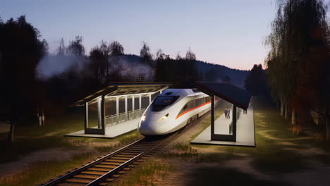 high-speed train passing a station at dusk