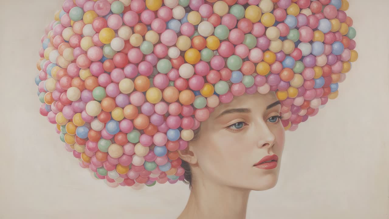 Zooming camera over framed portrait with pastel sphere hair in studio, cropping left, showing color