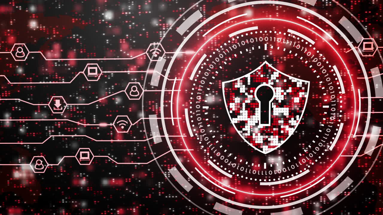 Network data protection cyber security lock shield. Motion graphics with red neon glowing internet user icons. Looped animated dark background with world map.