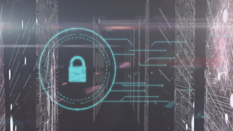 candado de seguridad sobre la interfaz digital contra las pantallas de las conexiones de microprocesador
