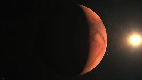 planet mars. view from space. mars rotates slowly. the planet is illuminated by the sun. stars twinkle. 4k. the sun on the right in the frame.