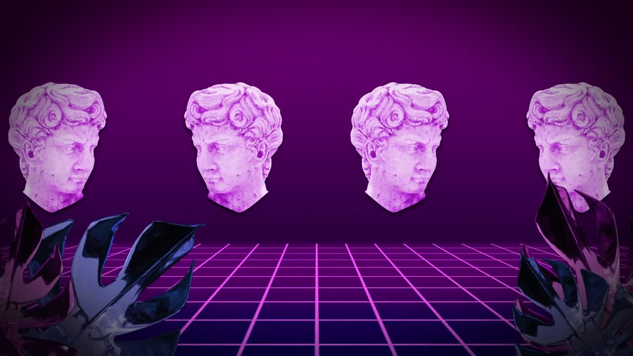 보라색 배경에 그리드 위로 이동하는 고대 조각 머리의 애니메이션
