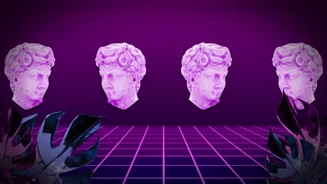 Animation-of-antique-sculpture-heads-with-glitch-moving-over-grid-on-purple-background