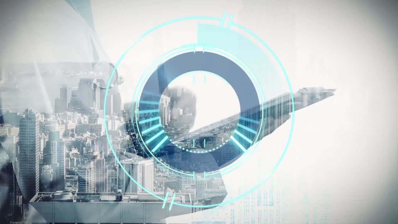 도시 풍경과 태블릿을 사용하는 남성들의 스캔 범위의 애니메이션