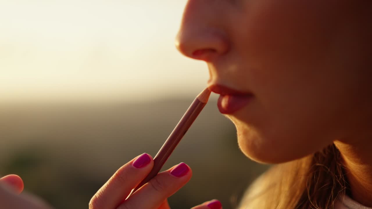 Slow motion close-up shot of a beautiful model fixing her makeup during sunset