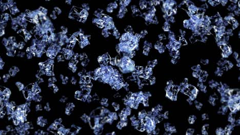 flying many clean ice cubes on black background. pieces of crushed ice, natural water. 3d animation of crushed ice rotating. loop animation.