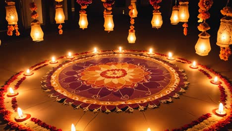 diwali rangoli with decorative lamps