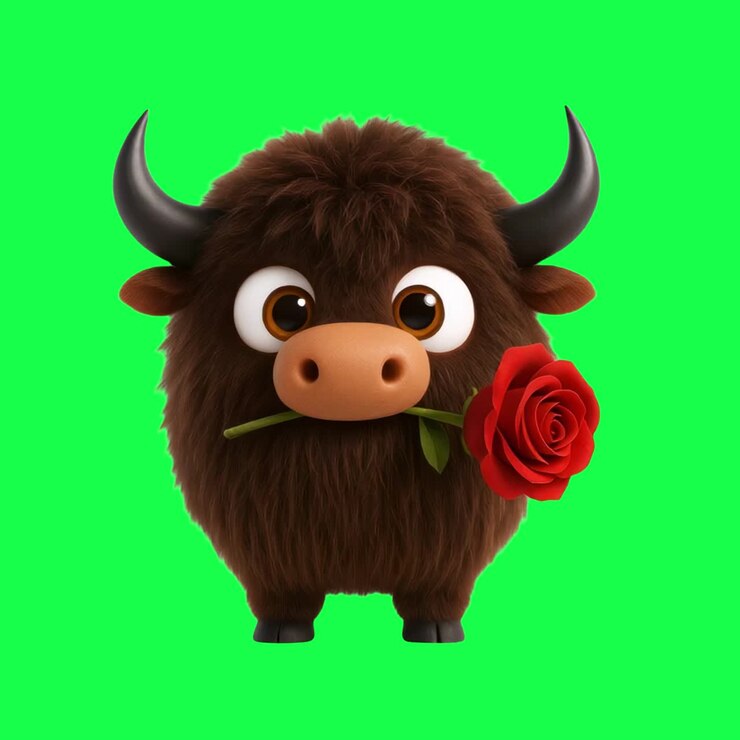 Animazione di un simpatico yak cartone animato che tiene in mano una rosa, video 4K trasparente, green screen