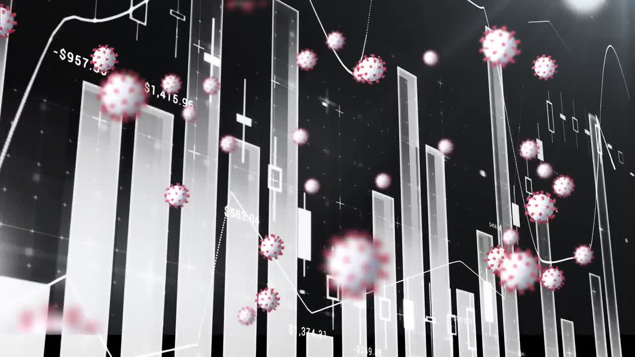 통계와 데이터 처리 위에 떠다니는 코로나 19 세포의 애니메이션