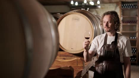 adult man winemaker at winery checking glass looking quality while standing between the barrels in the cellar controlling wine making process - real people traditional and industry wine making concept