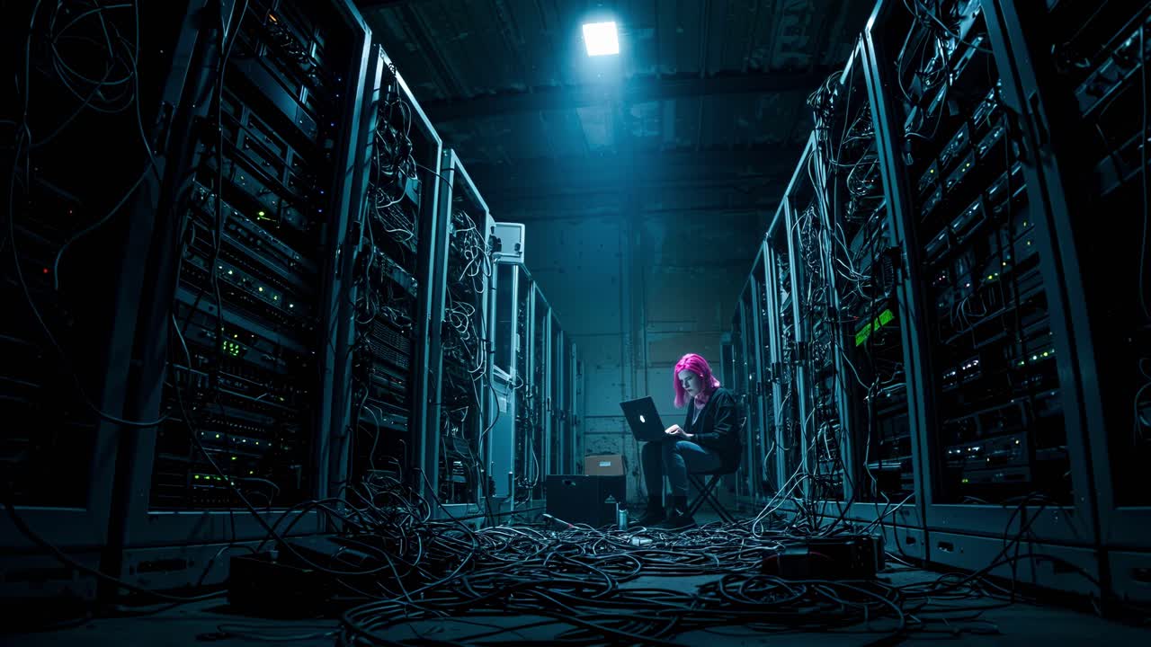 Exploring a tech environment with a skilled individual working on a laptop surrounded by servers in a dimly lit space
