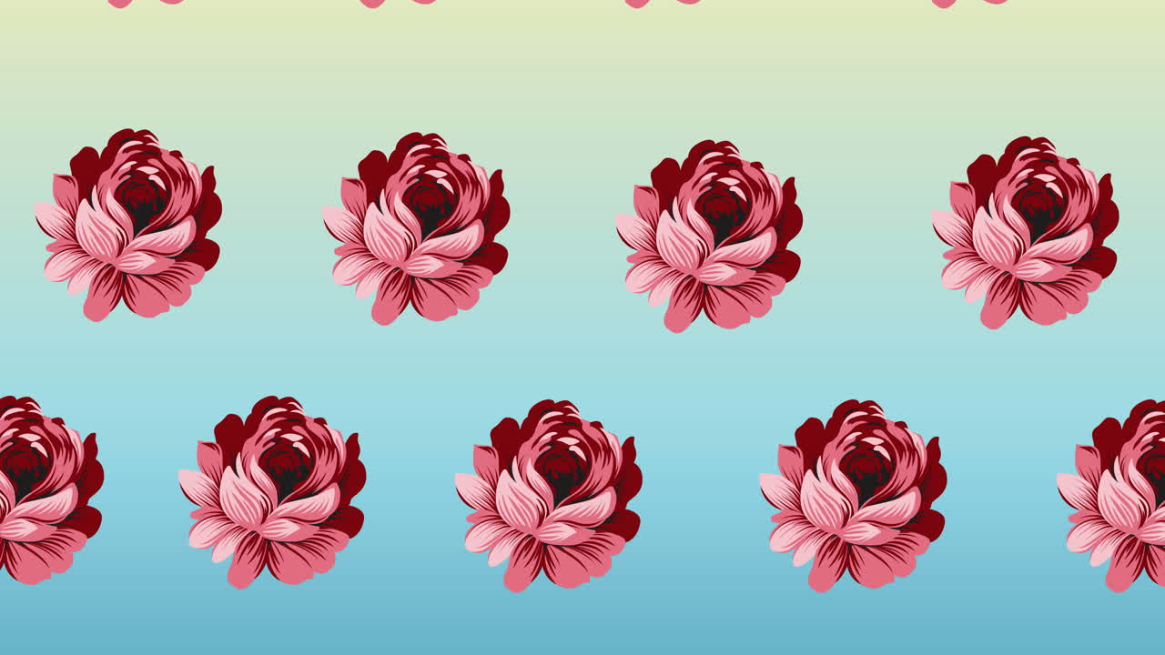 Composition of rows of pink flowers moving on blue background