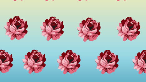 composición de filas de flores rosadas que se mueven sobre un fondo azul