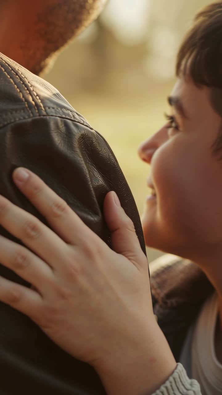 Vertical video: Smiling teen pressing hand on dad's shoulder and leaning in at park, leather jacket