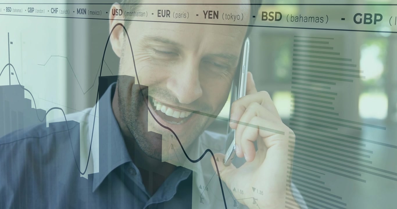 Overlay appearing causing analyst holding smartphone tracking currency fluctuations on trade call