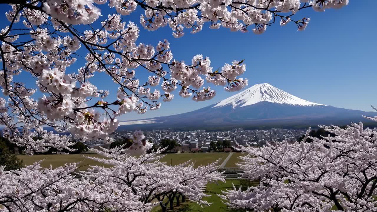 A scenic video capturing cherry blossoms framing Mount Fuji
