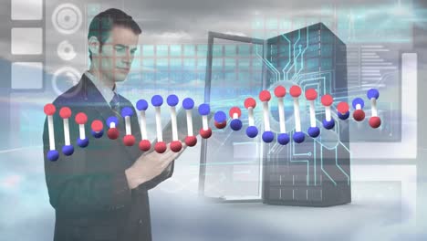 Animation-of-dna-chain,-caucasian-man-using-tablet-and-server-over-clouds