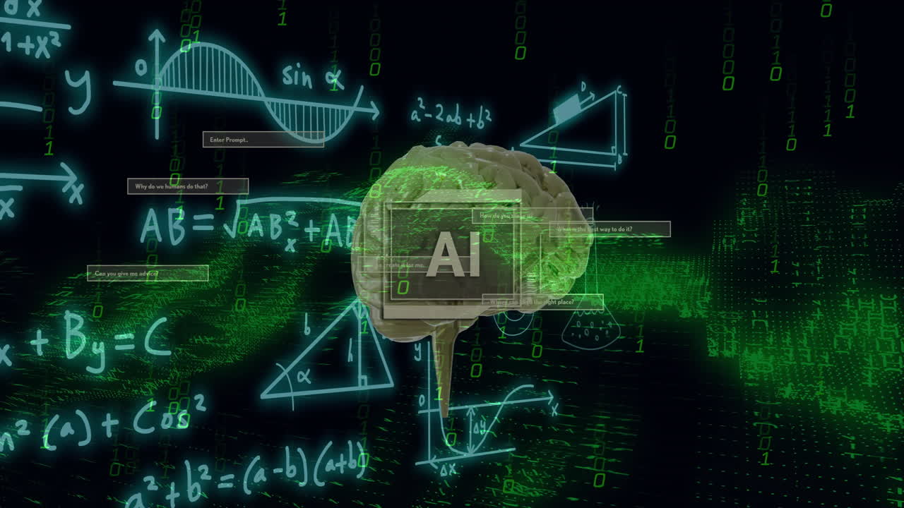animación de un texto, cerebro y procesamiento de datos digitales sobre un fondo negro