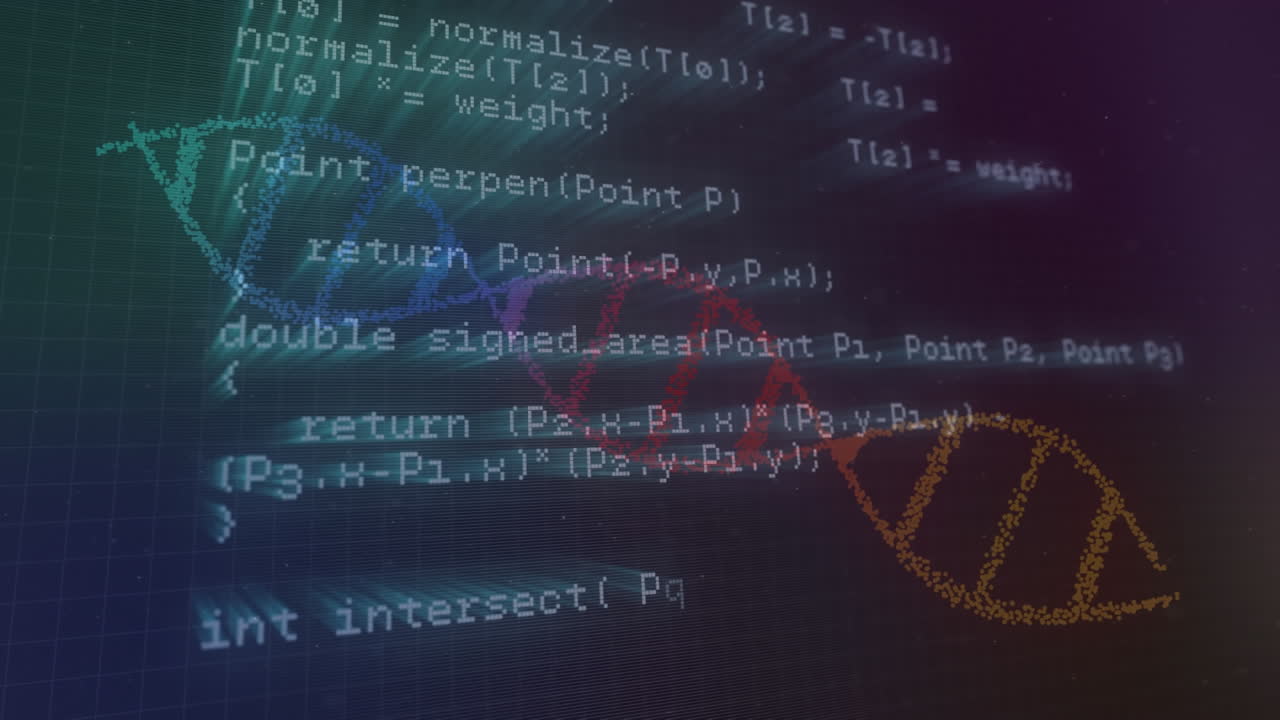 Animation of processing data and colourful dna strand rotating on dark screen
