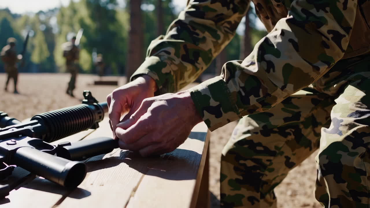 soldado preparando y manteniendo el arma en un campo de tiro