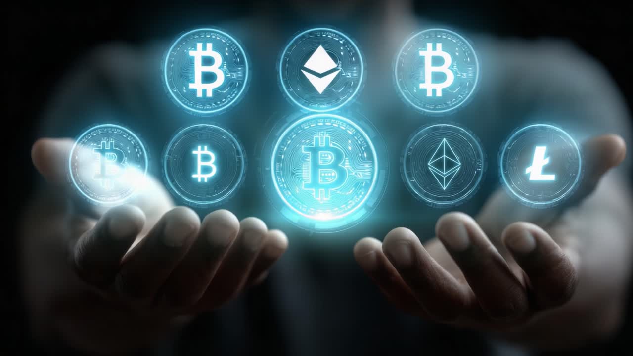 Exploring the Digital Financial Landscape: A Person Holding Virtual Currency Symbols Illuminated in a Dark Setting, Representing the Future of Cryptocurrency Investment